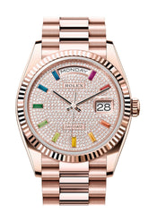 Rolex Day-Date 36 Diamond Paved Dial Fluted Bezel 18K Everose gold President Watch 128235